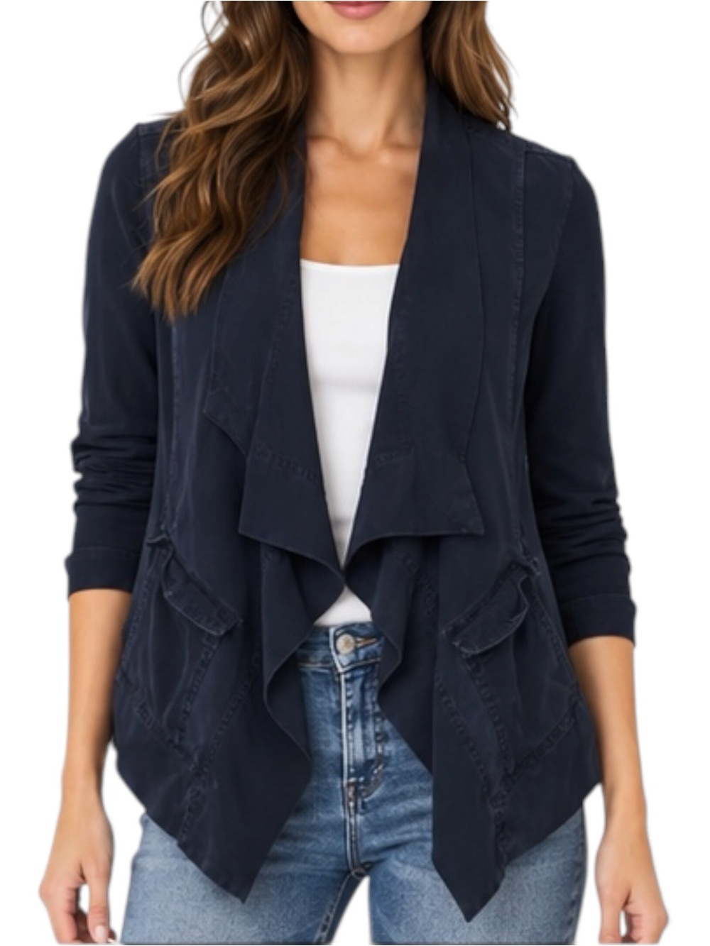 Splendid XS Navy Blue Tencel Lyocell Draped Open Front Jacket Lagenlook